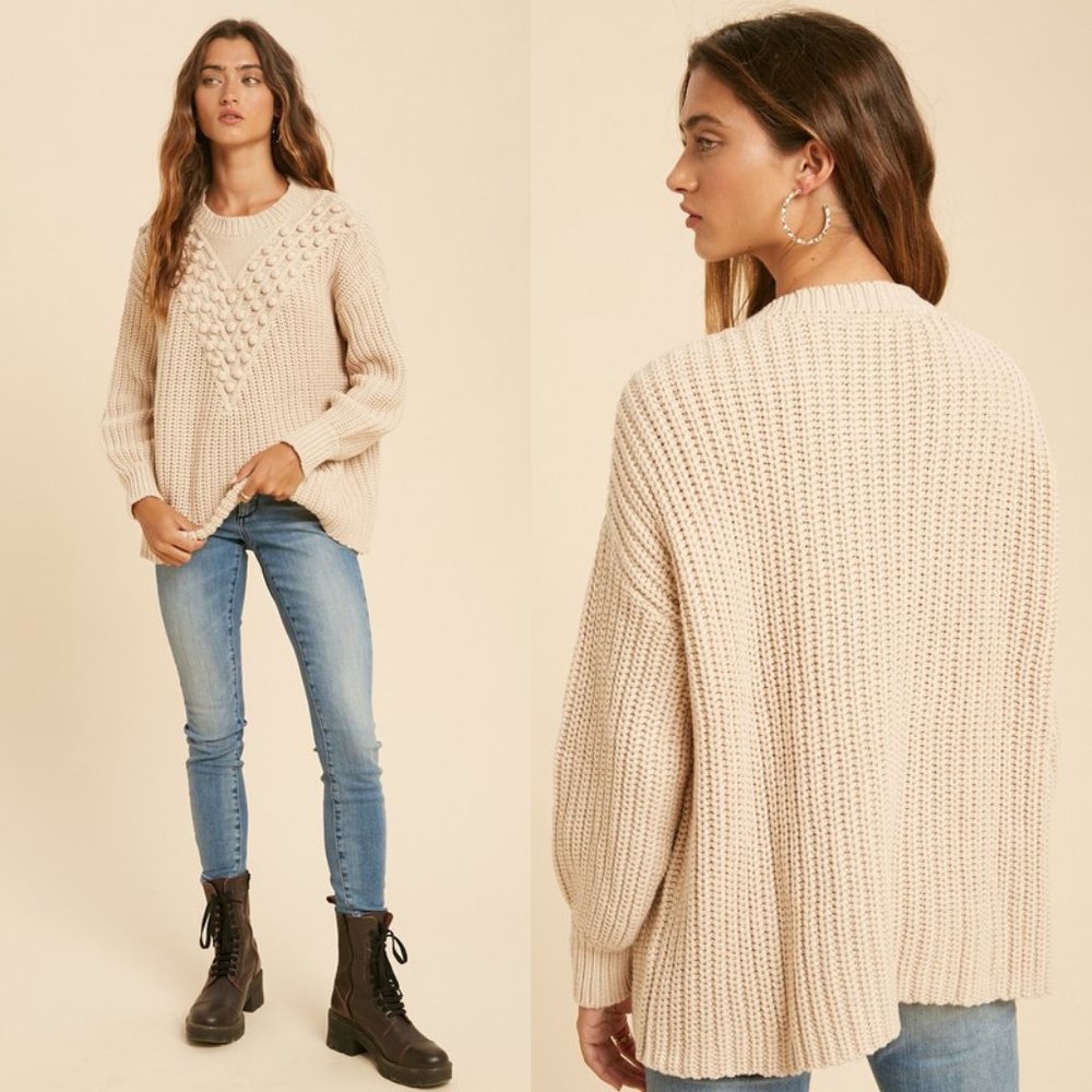 NEW Cotton Blend Chevron Pom Pom Knit SOFT Sweater - Picture 3 of 10